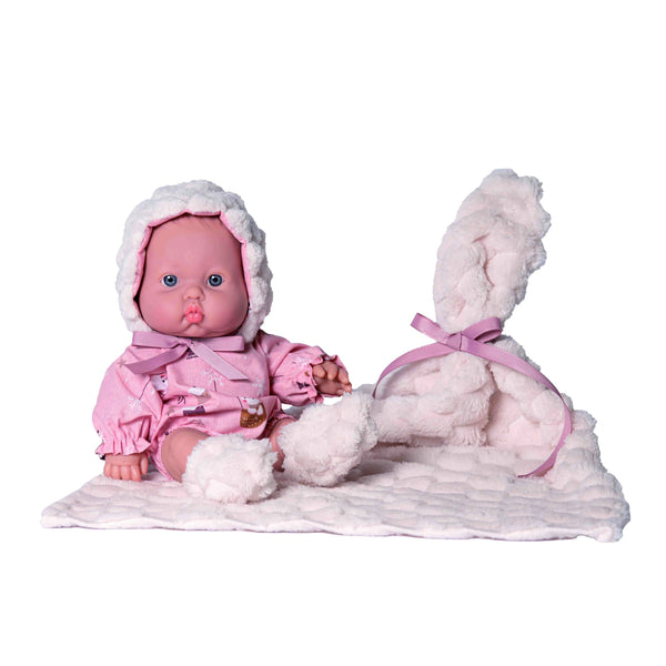 Bebé gordito de Rosatoys 3017 de 30 cm sentado, con pelele rosa de capucha de borreguito y manta acolchada rosa con orejas de conejo