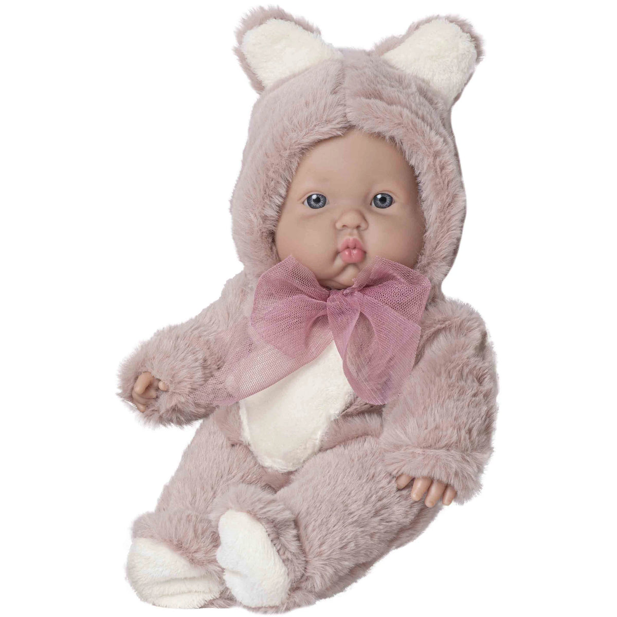 Bebé gordito de Rosatoys 3023 de 30 cm con pelele de peluche rosa de osito, capucha con orejas y lazo de organza