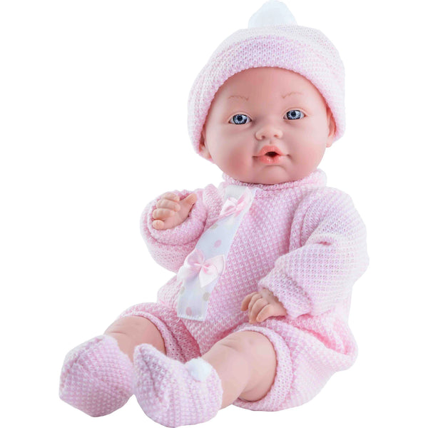 Bebé Daniela llorona de Rosatoys 3725, 40 cm, sentada con pijama rosa de nido de abeja, gorrito y patucos