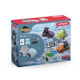 Caja del Schleich 42669, parte trasera con contenido, medidas y los 5 Crashmobils de la serie