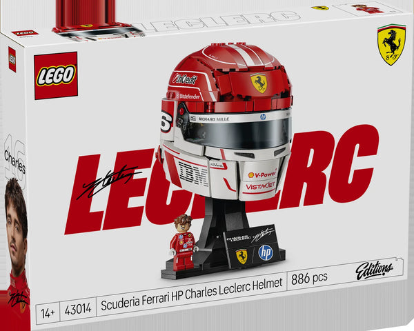 Caja del LEGO Editions Fórmula 1 Casco de Charles Leclerc 43014, con la réplica del casco rojo y blanco de la Scuderia Ferrari HP, minifigura del piloto y 886 piezas