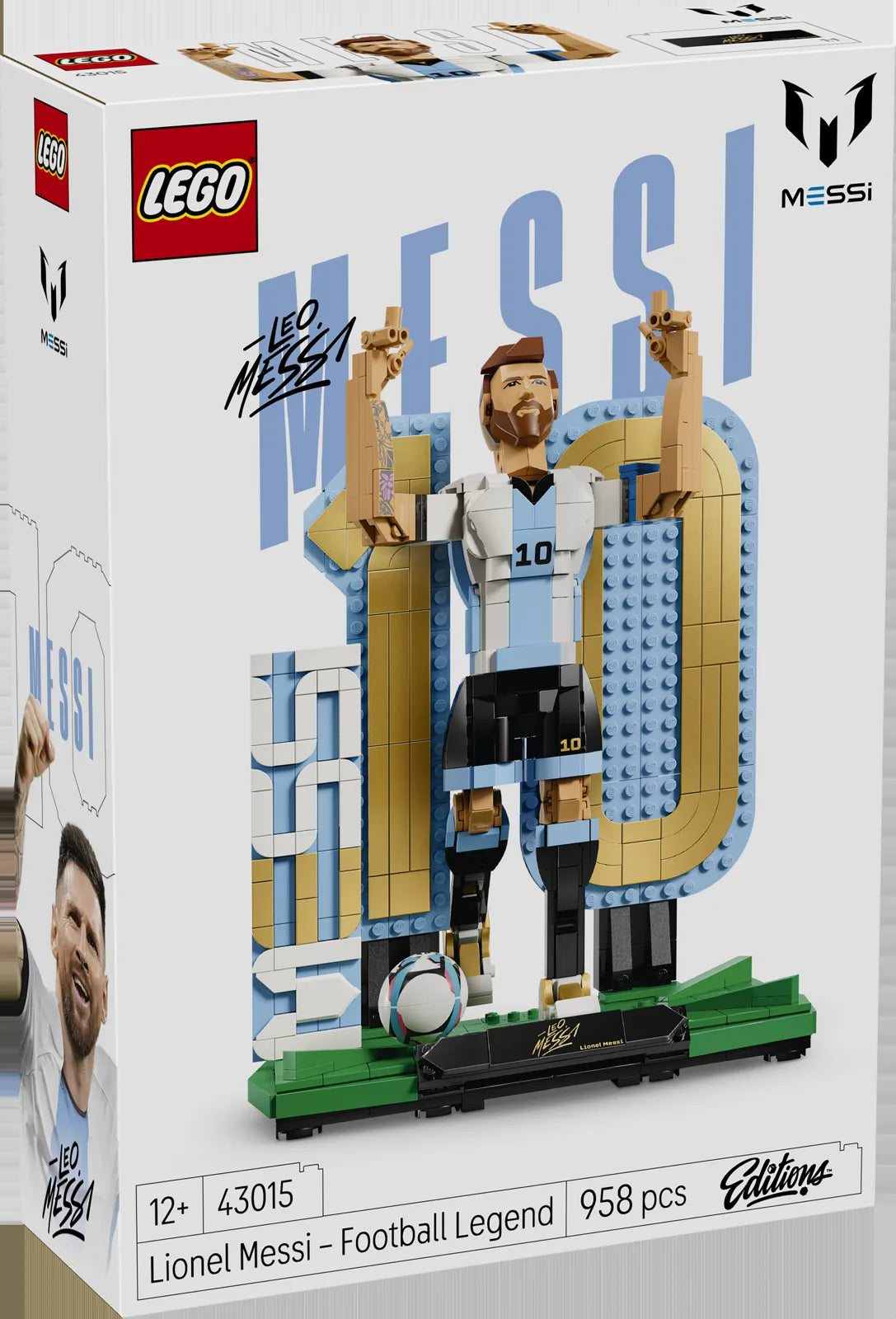 Caja del LEGO Lionel Messi: Leyenda del Fútbol 43015, con la figura de Messi con camiseta de Argentina celebrando sobre el número 10 dorado y 958 piezas