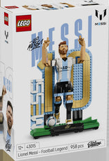 Caja del LEGO Lionel Messi: Leyenda del Fútbol 43015, con la figura de Messi con camiseta de Argentina celebrando sobre el número 10 dorado y 958 piezas