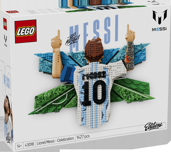 Caja frontal LEGO Editions 43018 Lionel Messi - Celebration fondo blanco con render del mosaico, logo MESSI dorsal #10, 1427 piezas edad 14+