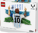 Caja lateral LEGO Editions 43018 Messi con detalle del mosaico mural y especificaciones del set premium