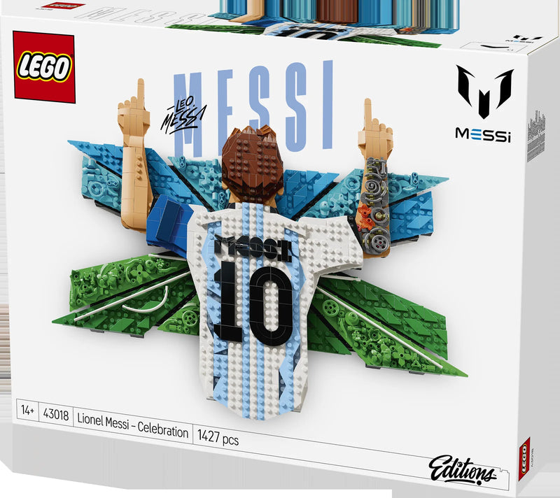 Caja lateral LEGO Editions 43018 Messi con detalle del mosaico mural y especificaciones del set premium