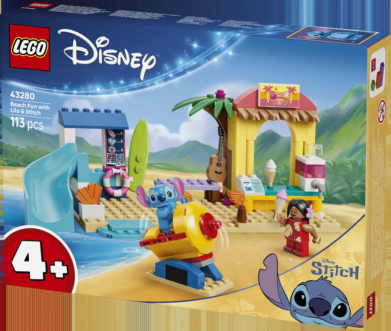 LEGO Disney Classic 43280 Diversión en la Playa con Lilo y Stitch - caja lateral con detalles del set