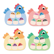4 tableros gallina Goula Hidden Chicks en azul, rosa, amarillo y verde con pollitos de colores
