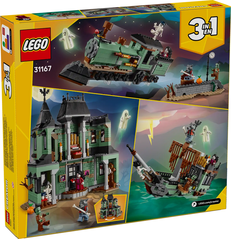 5 minifiguras LEGO Creator 31167: hombre lobo, vampiresa, fantasma con capa que brilla en la oscuridad, monstruo de Frankenstein y esqueleto con accesorios

