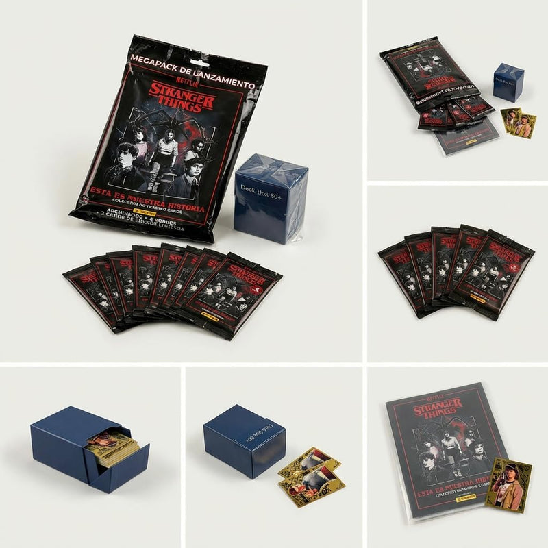 Panini Stranger Things Megapack de Lanzamiento HC Trading Cards con 8 Sobres Extra y Deckbox 80+
