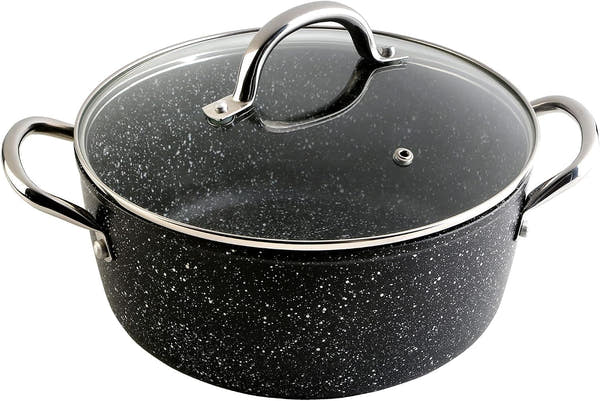 Cazuela alta WeCook Granite 28 cm negra efecto piedra con tapa de vidrio y asas de acero inoxidable