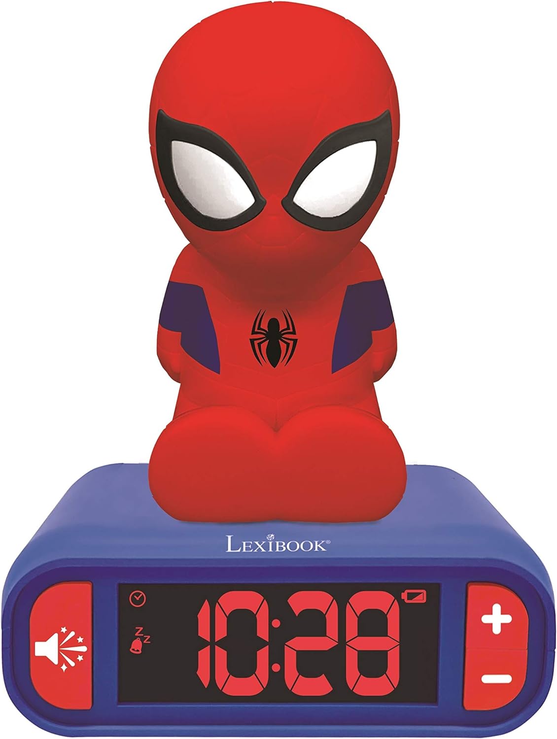 Despertador Spider-Man Lexibook RL800SP con luz nocturna: figura de Spider-Man sobre reloj digital azul, fondo blanco