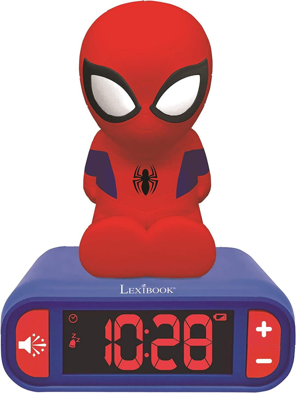 Despertador Spider-Man Lexibook RL800SP con luz nocturna: figura de Spider-Man sobre reloj digital azul, fondo blanco