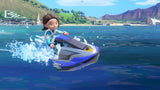 Nintendo Switch Sports Resort: moto de agua levantando espuma frente a la costa de la isla Wuhu