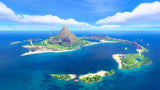 Nintendo Switch Sports Resort: vista aérea de la isla Wuhu con el volcán, el puente y las playas