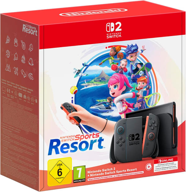 Caja del pack Nintendo Switch 2 + Nintendo Switch Sports Resort con la consola, los Joy-Con 2 y el distintivo de 3 meses de Nintendo Switch Online