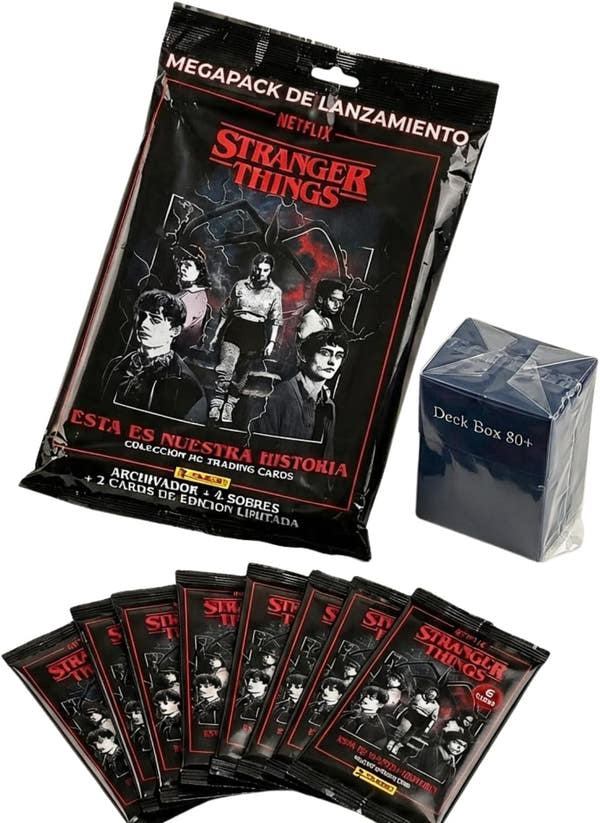 Panini Stranger Things Megapack de Lanzamiento HC Trading Cards con 8 Sobres Extra y Deckbox 80+