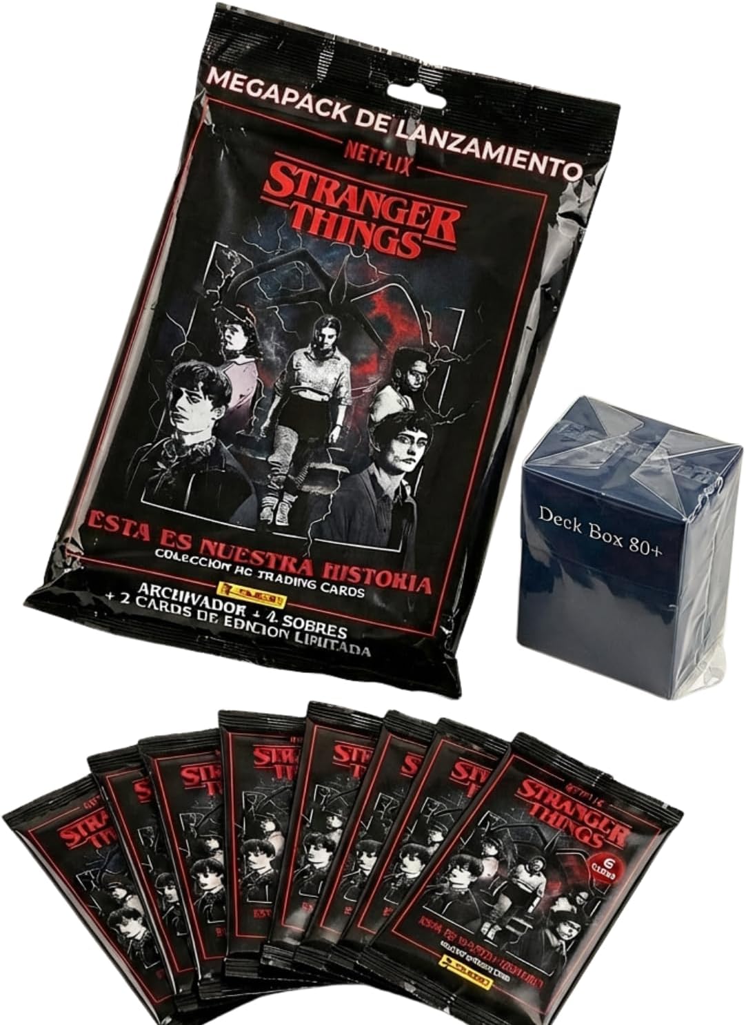 Panini Stranger Things Megapack de Lanzamiento HC Trading Cards con 8 Sobres Extra y Deckbox 80+