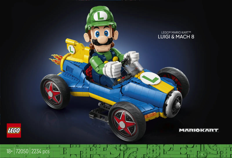 Caja frontal alternativa LEGO Super Mario 72050 LUIGI & MACH 8 - render del kart Mach 8 con Luigi al volante