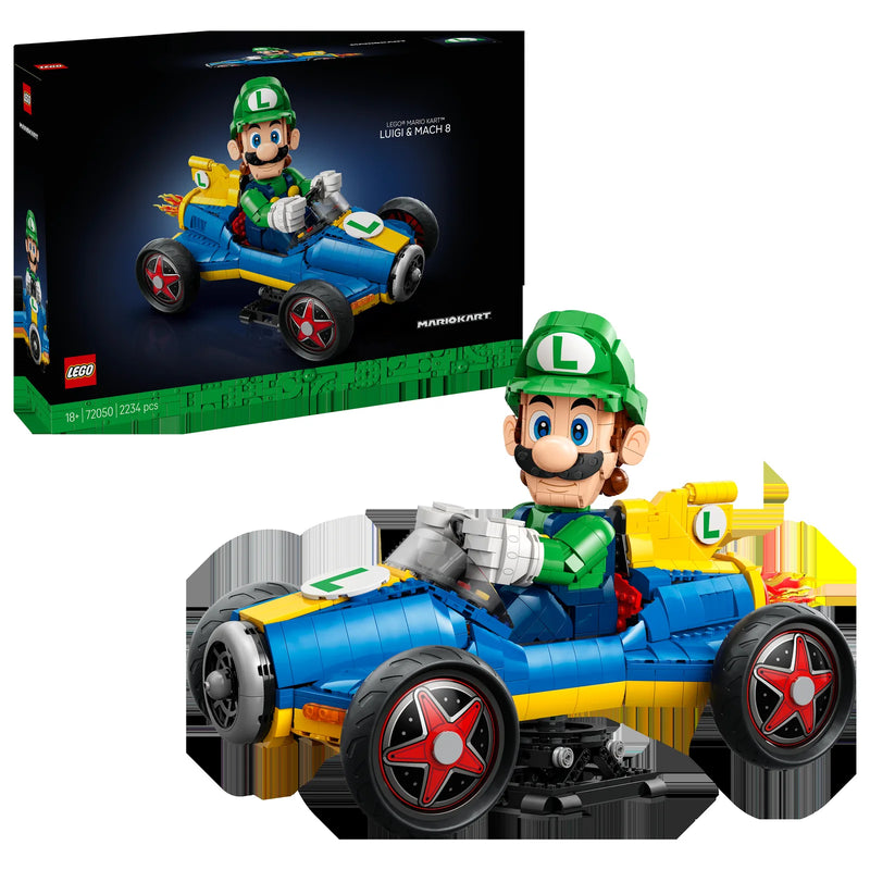 Display LEGO Super Mario 72050: caja del set Mario Kart Luigi y Mach 8 junto al kart montado con la figura grande de Luigi al volante - contenido del pedido