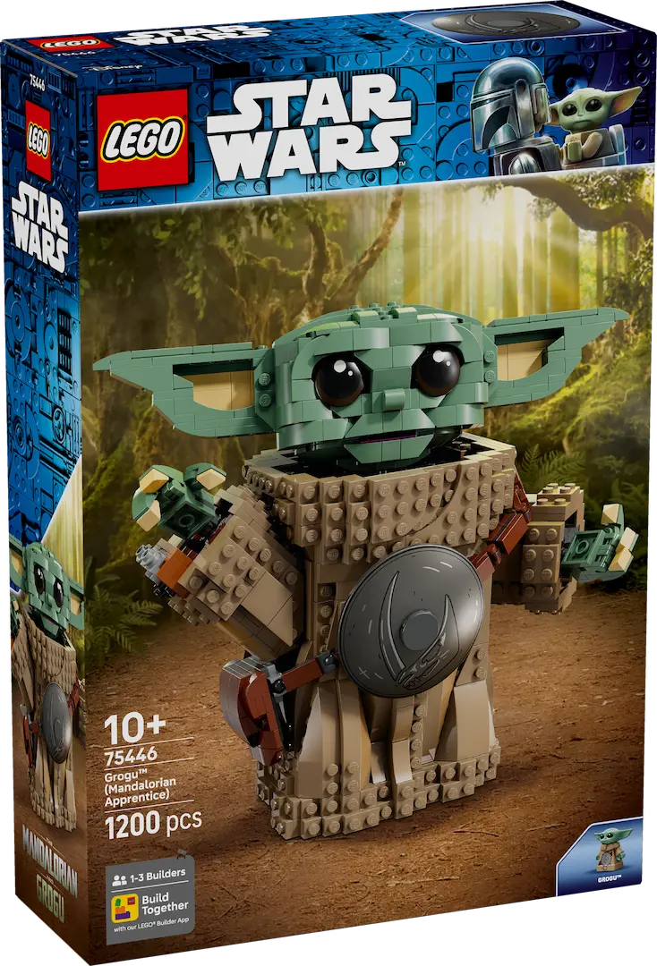 Set LEGO 75446 Grogu Aprendiz de Mandaloriano — caja frontal con figura construible de 1200 piezas con armadura Beskar, fondo escena boscosa