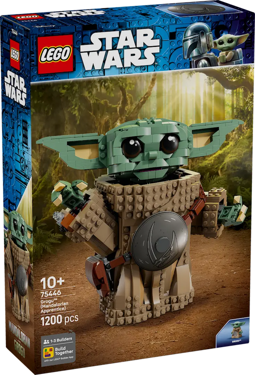 Set LEGO 75446 Grogu Aprendiz de Mandaloriano — caja frontal con figura construible de 1200 piezas con armadura Beskar, fondo escena boscosa