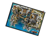 Vista cenital del castillo de Hogwarts LEGO 76419 sobre el Lago Negro con la placa identificativa
