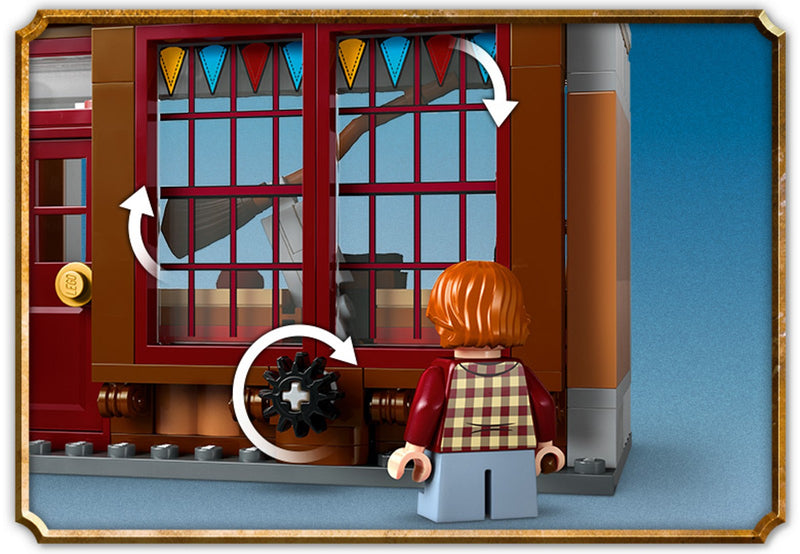 Mecanismo de escoba flotante en el escaparate de la tienda de Quidditch del LEGO 76452, con Ron Weasley