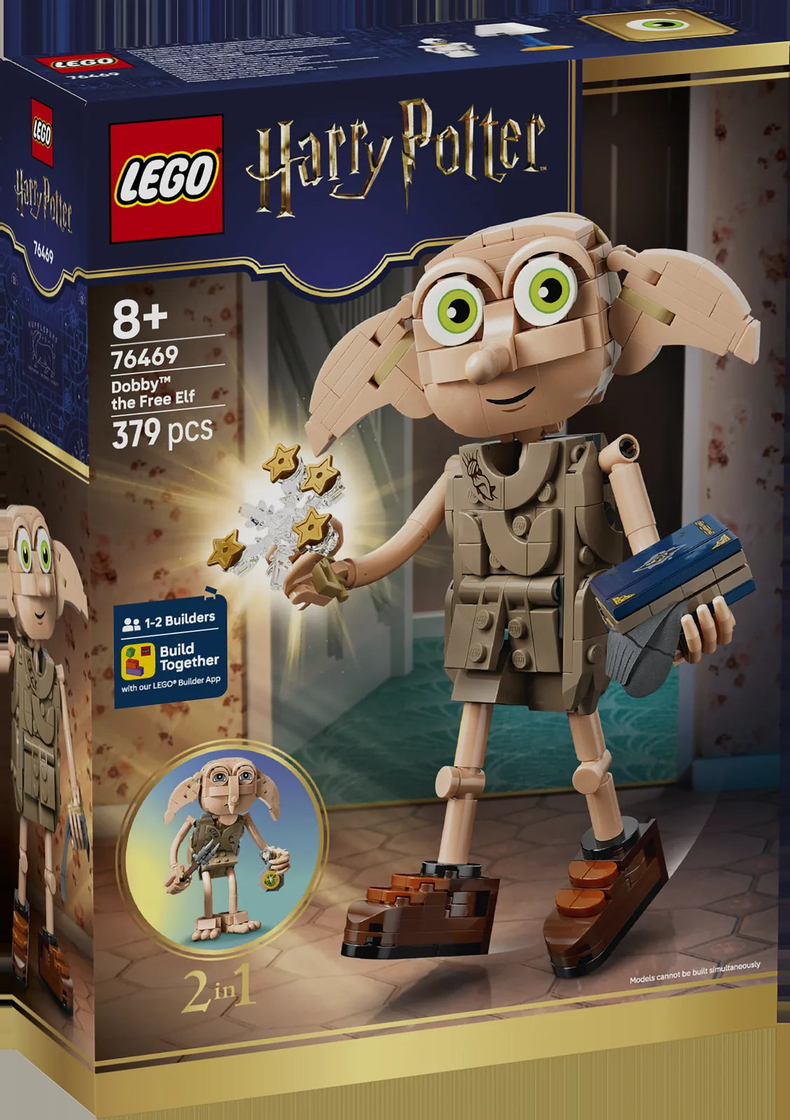 Caja frontal LEGO Harry Potter 76469 Dobby the Free Elf: figura de Dobby con libro y estrellas, 379 piezas, edad 8+, 1-2 Builders, Build Together, modelo 2 en 1