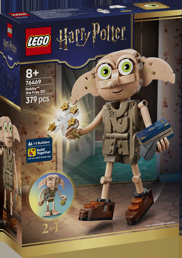 Caja frontal LEGO Harry Potter 76469 Dobby the Free Elf: figura de Dobby con libro y estrellas, 379 piezas, edad 8+, 1-2 Builders, Build Together, modelo 2 en 1