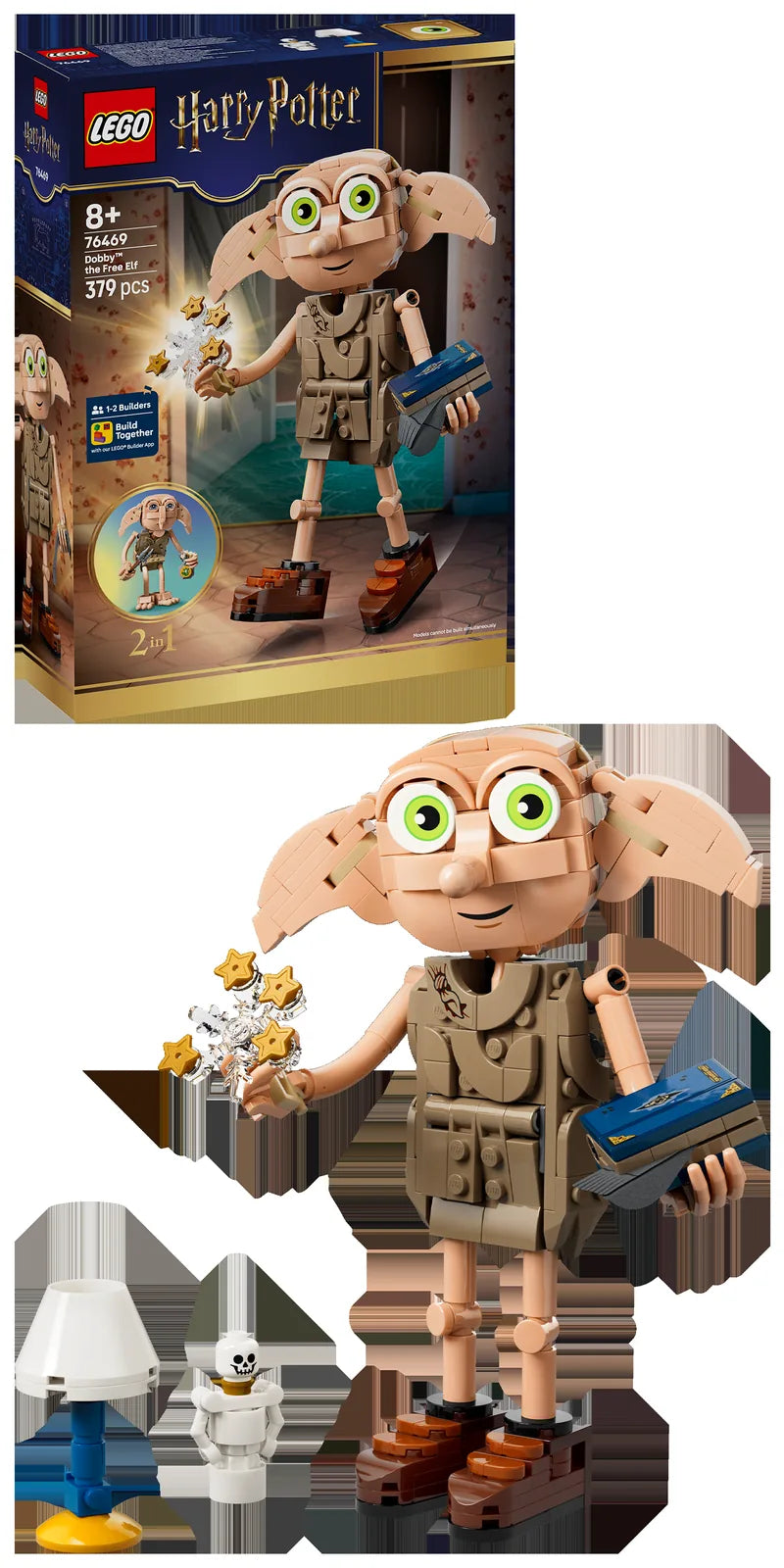 Display LEGO Harry Potter 76469: caja del set Dobby el Elfo Libre junto a la figura montada con sus accesorios (libro, estrellas mágicas, lámpara, esqueleto) - lo que recibes en tu pedido