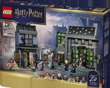 Caja lateral LEGO Harry Potter 76471 Tiendas Mágicas Callejón Knockturn con renders del set y muestra de las 10 minifiguras incluidas