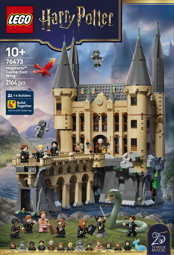 Caja LEGO Harry Potter 76473 Hogwarts Castle East Wing - render del castillo con basilisco, Fawkes y muestra de las minifiguras incluidas