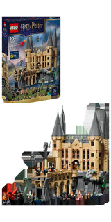 Display LEGO Harry Potter 76473: caja del set Castillo Hogwarts Ala Este junto al modelo montado con torres, basilisco verde y minifiguras del universo Harry Potter - lo que recibes