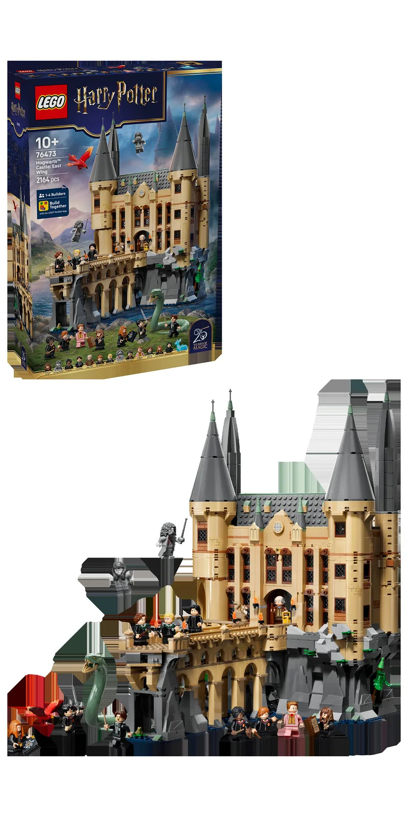 Display LEGO Harry Potter 76473: caja del set Castillo Hogwarts Ala Este junto al modelo montado con torres, basilisco verde y minifiguras del universo Harry Potter - lo que recibes