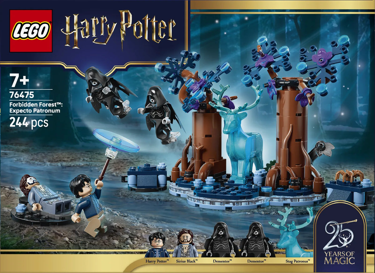 Caja LEGO Harry Potter 76475 Forbidden Forest Expecto Patronum con sello aniversario 25 Years of Magic y muestra de las minifiguras incluidas