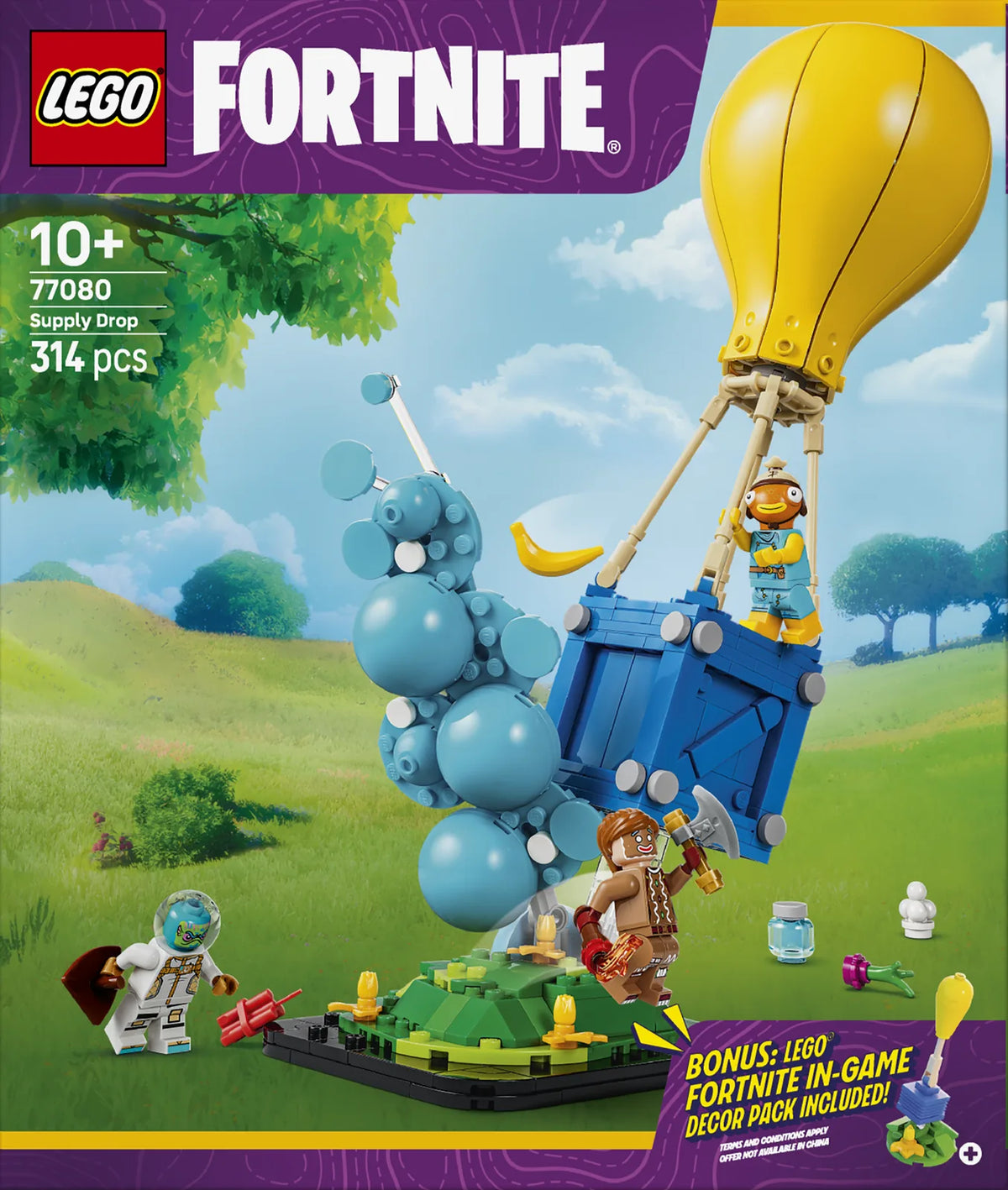 Caja frontal alternativa LEGO Fortnite 77080 Supply Drop - render del globo aerostático Fortnite con minifiguras Fishstick, Astro Jack y Gingerbread Raider