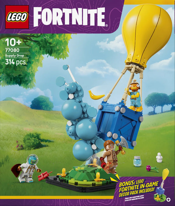 Caja frontal alternativa LEGO Fortnite 77080 Supply Drop - render del globo aerostático Fortnite con minifiguras Fishstick, Astro Jack y Gingerbread Raider