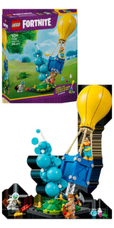 Display LEGO Fortnite 77080: caja del set Entrega de Suministros junto al modelo montado con globo amarillo, canasta azul y plataforma verde con minifiguras - lo que recibes