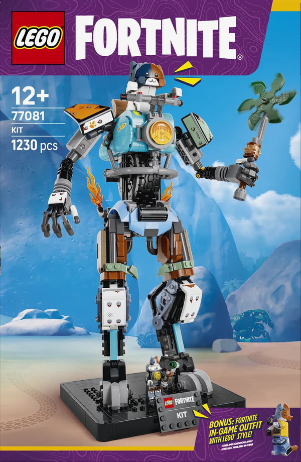 Caja frontal LEGO Fortnite 77081 KIT - render completo del mecha Fortnite con gato piloto y bonus de outfit in-game para el videojuego
