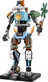 Set LEGO Fortnite 77081 KIT montado: mecha gigante articulado con el gato calicó KIT como piloto en la cabeza, brazo con Reaper Pickaxe verde, emblema cricket bat dorado, llamas naranjas en torso y base con sello LEGO FORTNITE KIT
