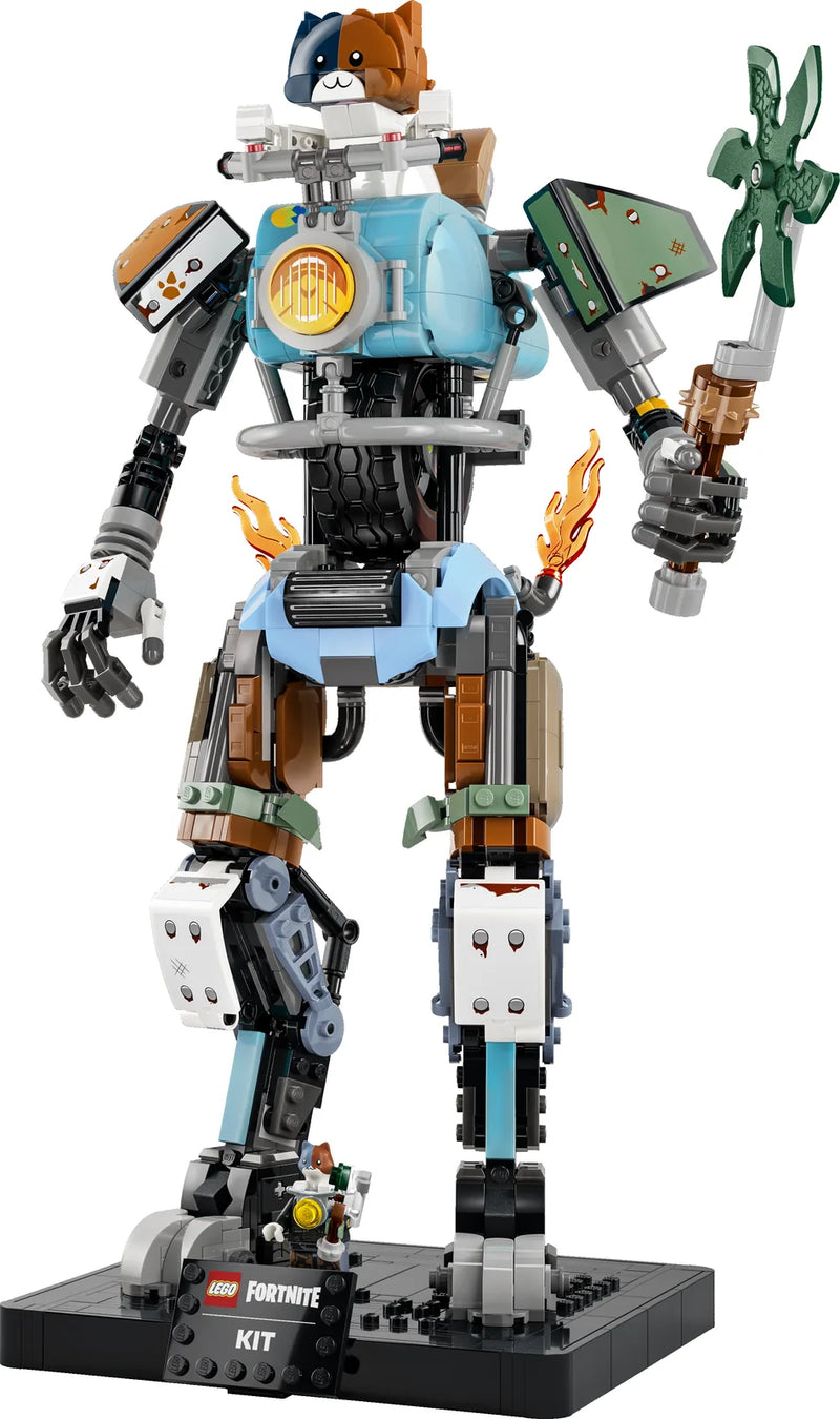 Set LEGO Fortnite 77081 KIT montado: mecha gigante articulado con el gato calicó KIT como piloto en la cabeza, brazo con Reaper Pickaxe verde, emblema cricket bat dorado, llamas naranjas en torso y base con sello LEGO FORTNITE KIT