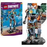 Display LEGO Fortnite 77081: caja del set KIT junto al mecha montado a escala con el gato calicó piloto - lo que recibes en el pedido