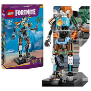 Display LEGO Fortnite 77081: caja del set KIT junto al mecha montado a escala con el gato calicó piloto - lo que recibes en el pedido