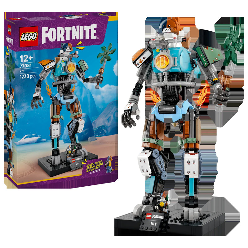 Display LEGO Fortnite 77081: caja del set KIT junto al mecha montado a escala con el gato calicó piloto - lo que recibes en el pedido