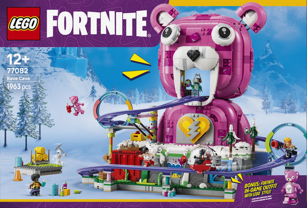 Caja frontal LEGO Fortnite 77082 Caverna Descontrol - portada con el oso Cuddle Team Leader rosa, escena nevada y muestra de minifiguras Fortnite