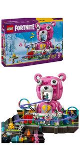 Display LEGO Fortnite 77082: caja del set Rave Cave Caverna Descontrol junto al modelo montado con el oso rosa gigante y montaña rusa - lo que recibes en tu pedido