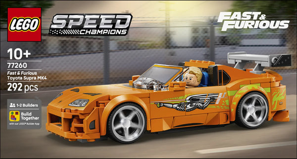 Caja frontal LEGO Speed Champions 77260 Fast & Furious Toyota Supra MK4 - render grande del coche naranja con escenario de circuito al fondo