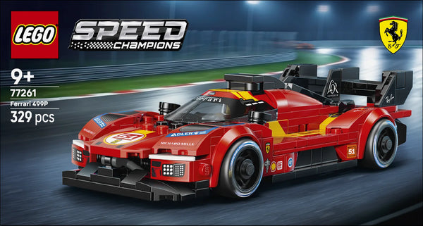 Caja LEGO Speed Champions 77261 Ferrari 499P vista lateral - render aerodinámico del Hypercar #51 sobre asfalto del circuito de Le Mans
