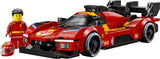 Set LEGO Speed Champions 77261 Ferrari 499P Le Mans Hypercar #51 montado: rojo Ferrari con franjas amarillas, sponsors Adler/Richard Mille/L'Or Espresso/Ray-Ban/Shell/HP/Michelin, alerón GT trasero negro y minifigura piloto Ferrari con mono rojo y casco - 329 piezas